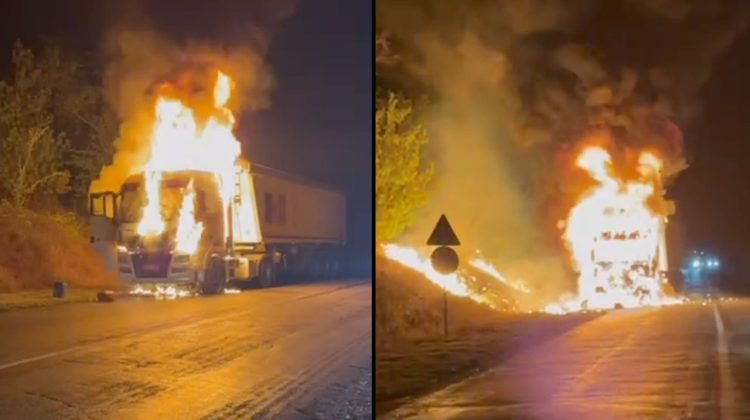 VIDEO Camion cu 24 de tone de floarea soarelui, cuprins de flăcări pe traseul R-32 Cahul–Taraclia