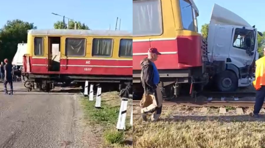 VIDEO Impact grav la calea ferată: Un DAF și un vagonet s-au ciocnit