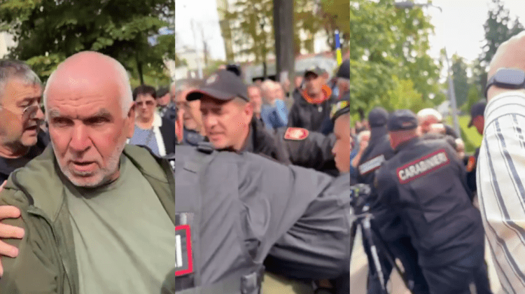 „Slavă Ucrainei” – momentul în care un provocator la protestul Blocului Patriotic este urcat în dubiță de oamenii legii