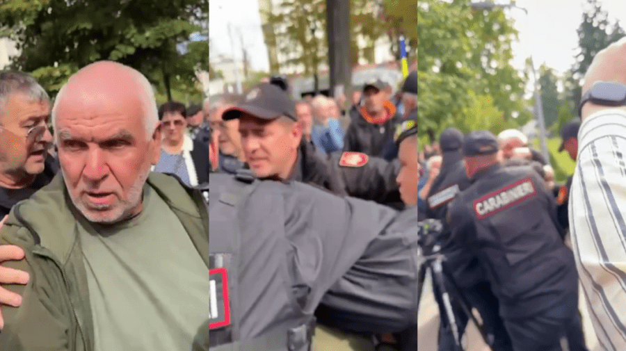 „Slavă Ucrainei” – momentul în care un provocator la protestul Blocului Patriotic este urcat în dubiță de oamenii legii