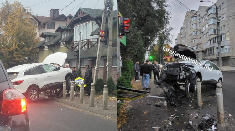 Accident rutier la Buiucani: o mașină a intrat în stâlpii de protecție ai trotuarului