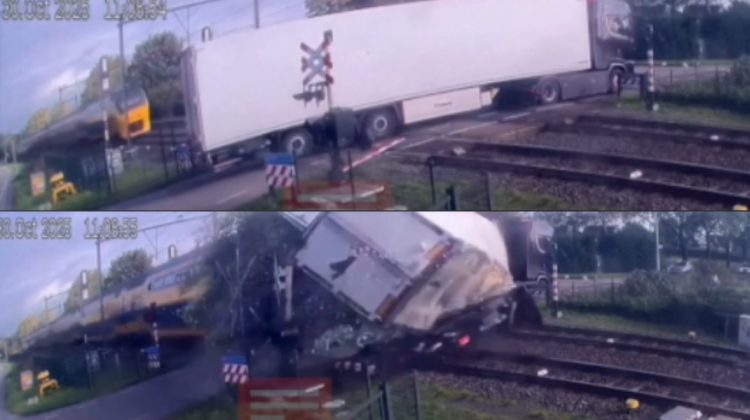 Momentul în care un tren de mare viteză spulberă un camion în Olanda