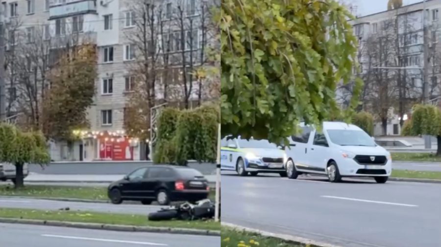 VIDEO Accident rutier în Chișinău. Un motociclist a fost dus la spital