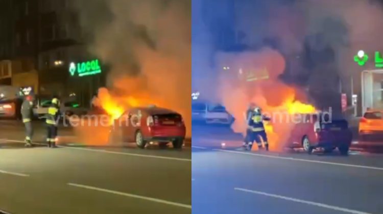 VIDEO Flăcări uriașe pe o stradă din Chișinău: Un automobil a ars după un accident rutier